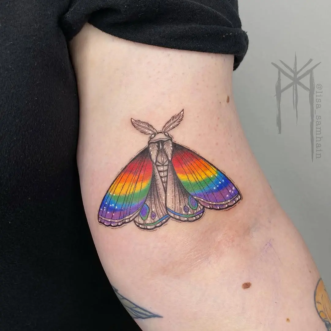 Elegant Rainbow Moth Tattoo Symbolizing Pride