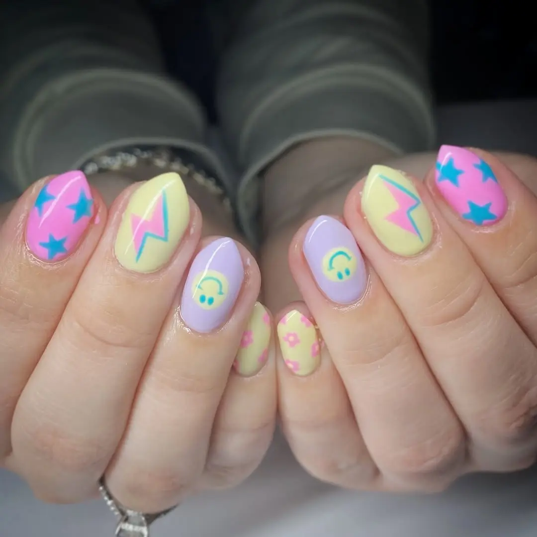 Vibrant pastel nails with playful designs