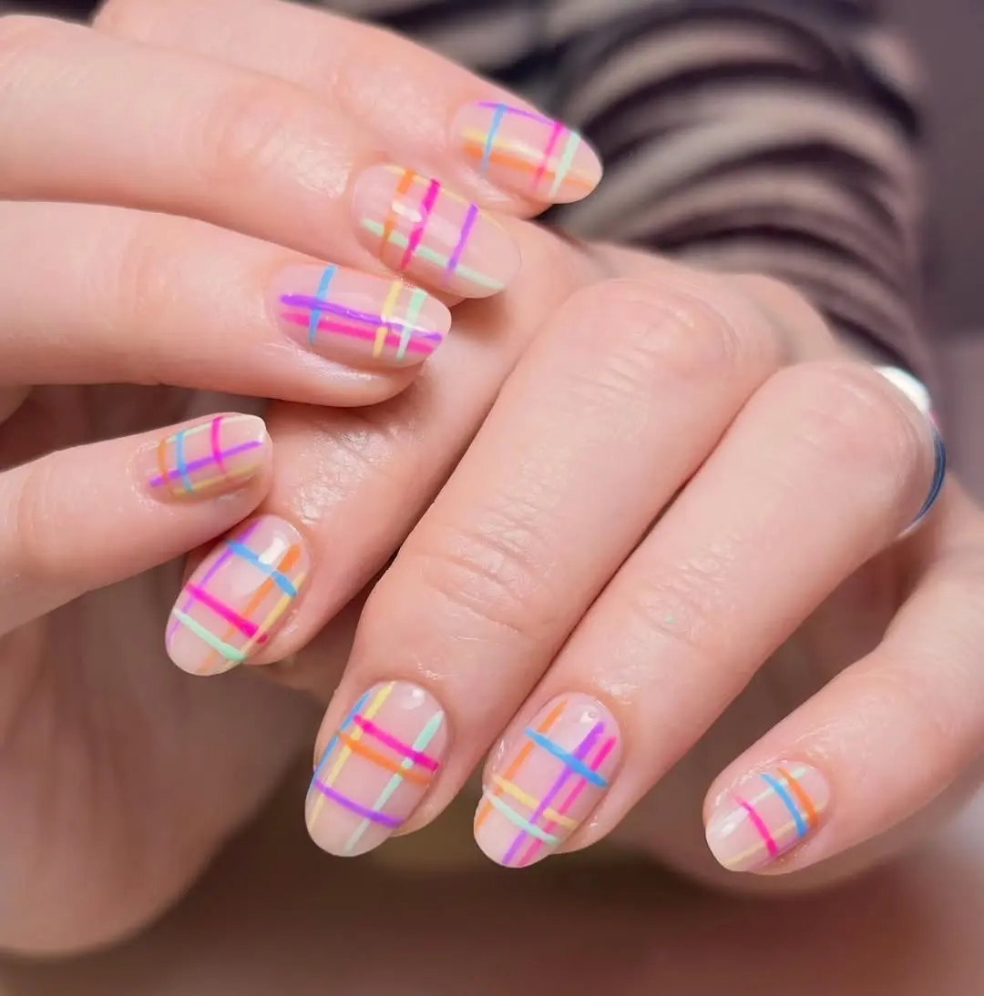 Chic Pastel Nails with Bright Line Designs