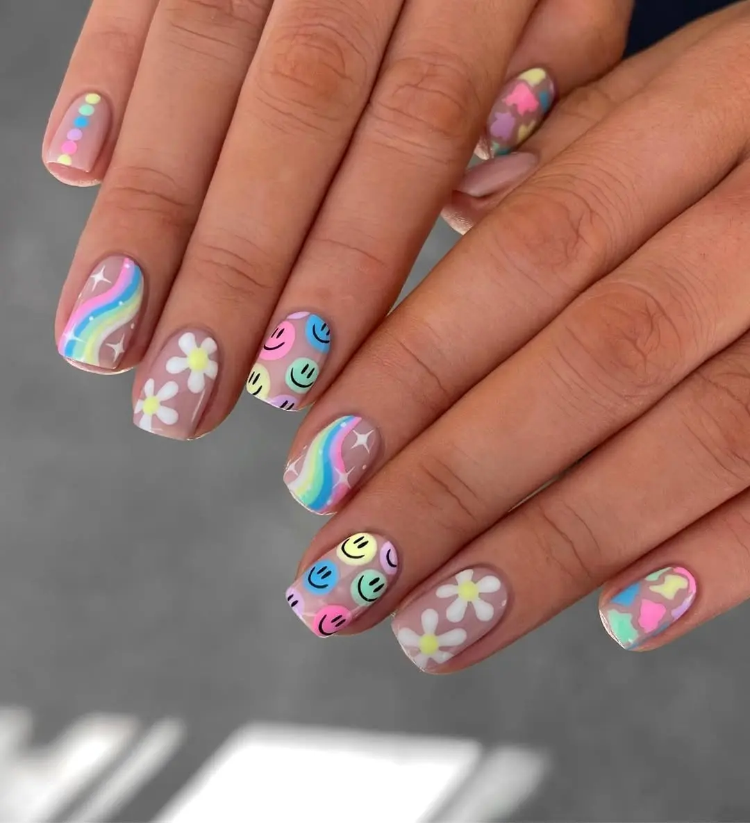 Vibrant pastel spring nails with playful designs