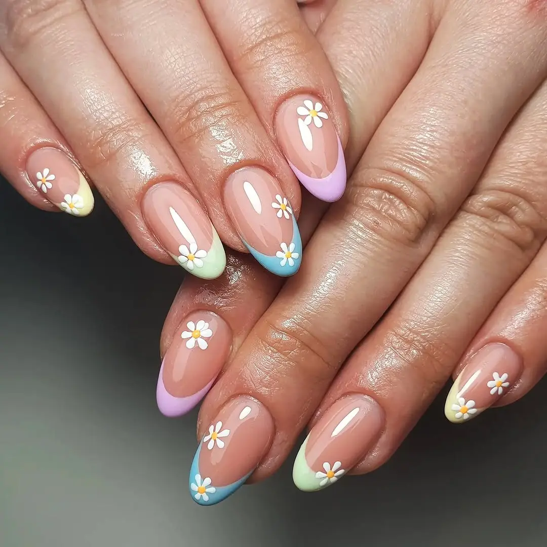 Charming Pastel French Tips with Floral Accents