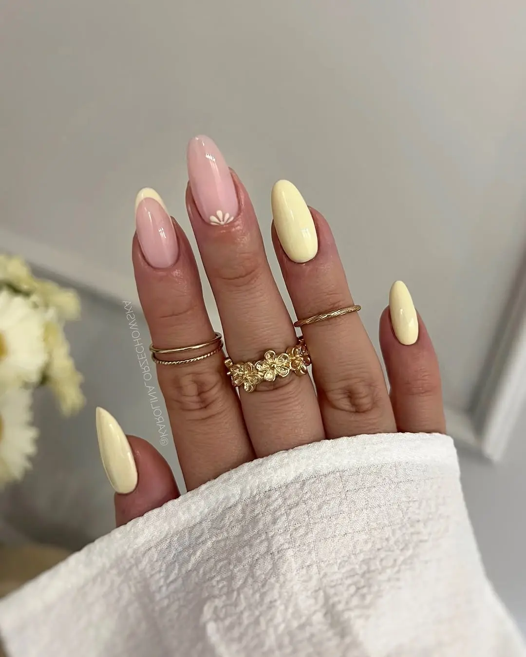 Soft pastel hues with floral accents for spring