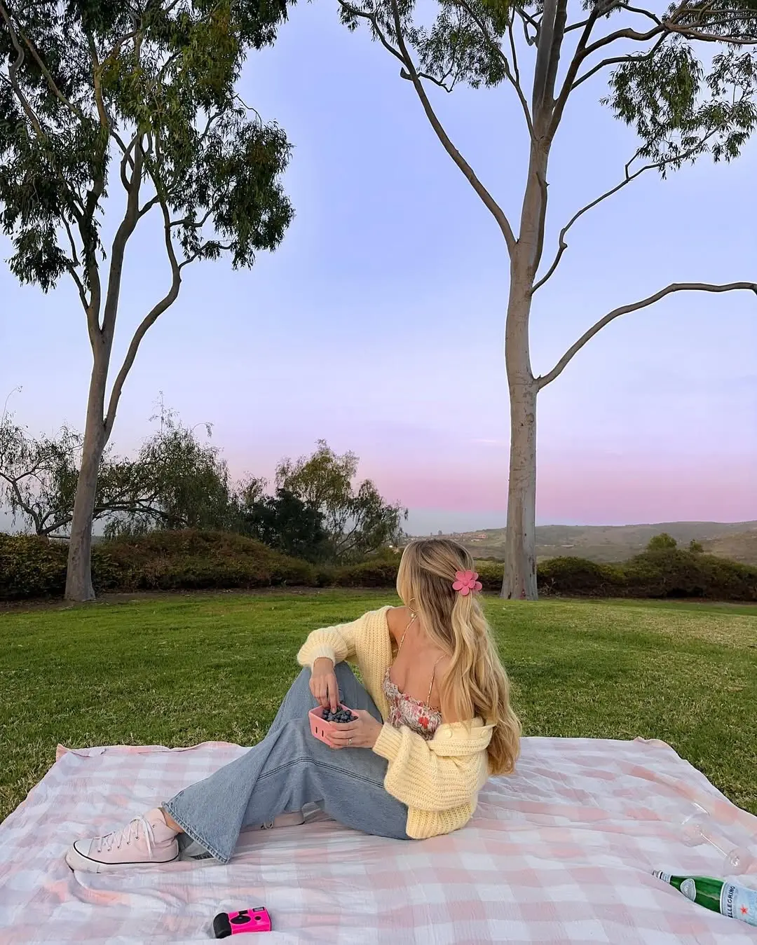 Chic pastel picnic outfit for a sunset vibe