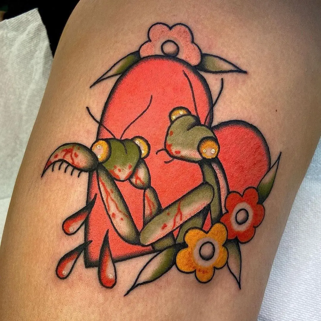 Whimsical praying mantis in a heart design