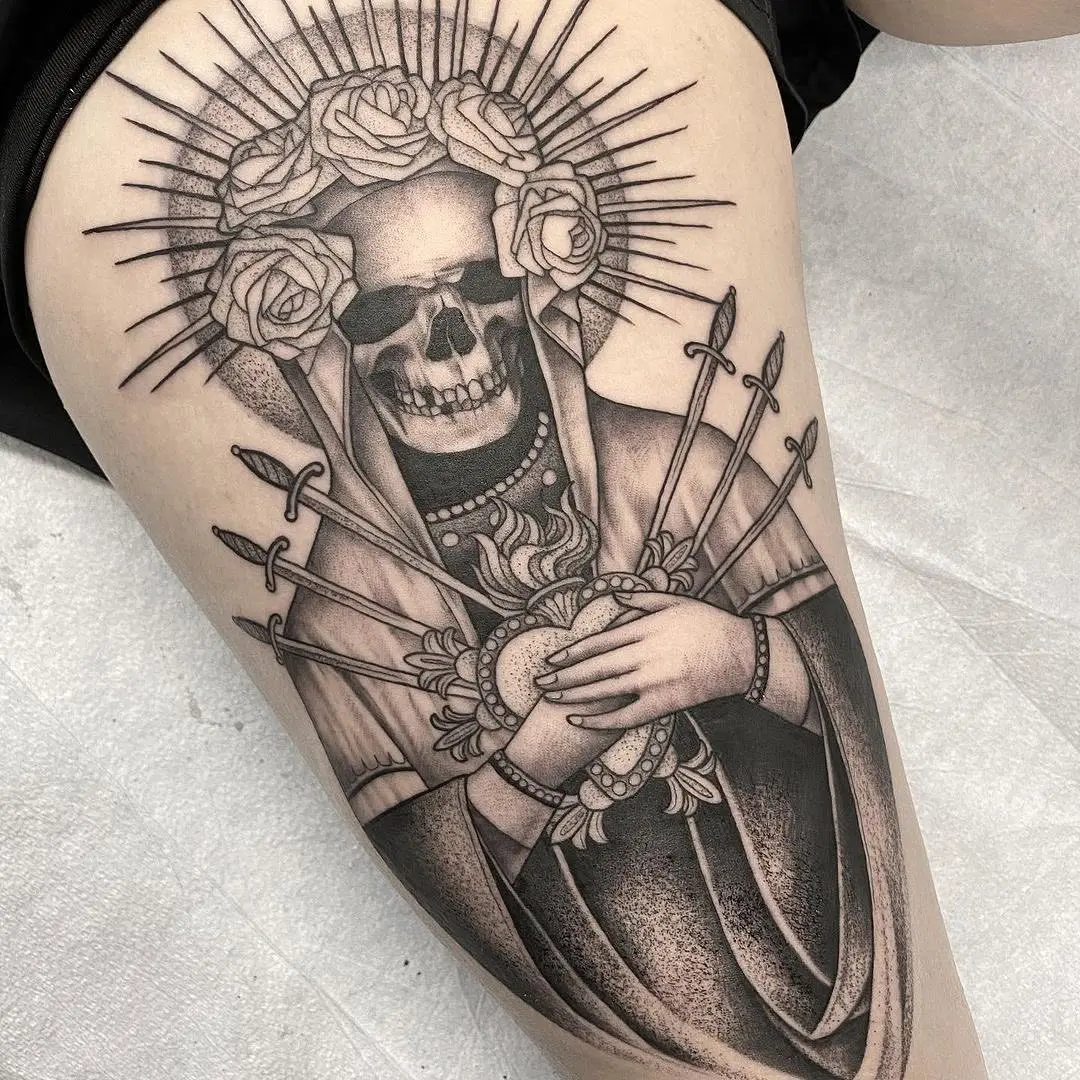 Intricate Santa Muerte Tattoo with Gothic Elements