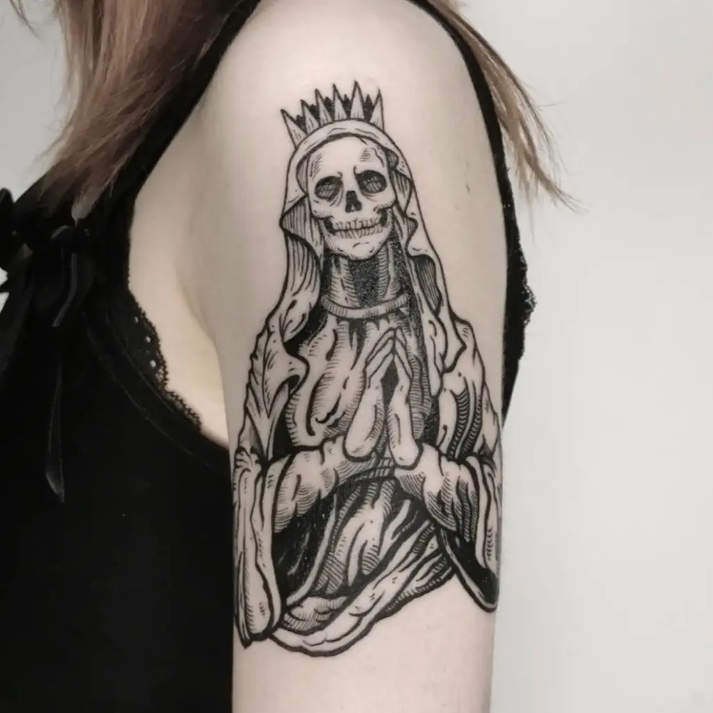 Intricate Santa Muerte Praying Tattoo Design