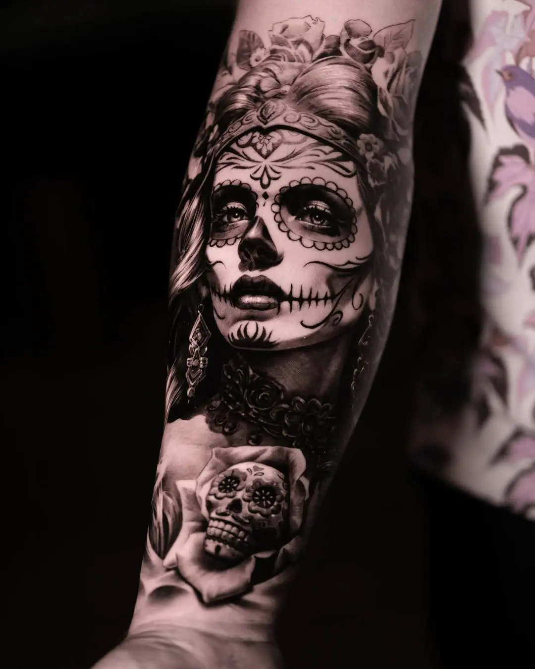 Intricate Santa Muerte Portrait Tattoo Design