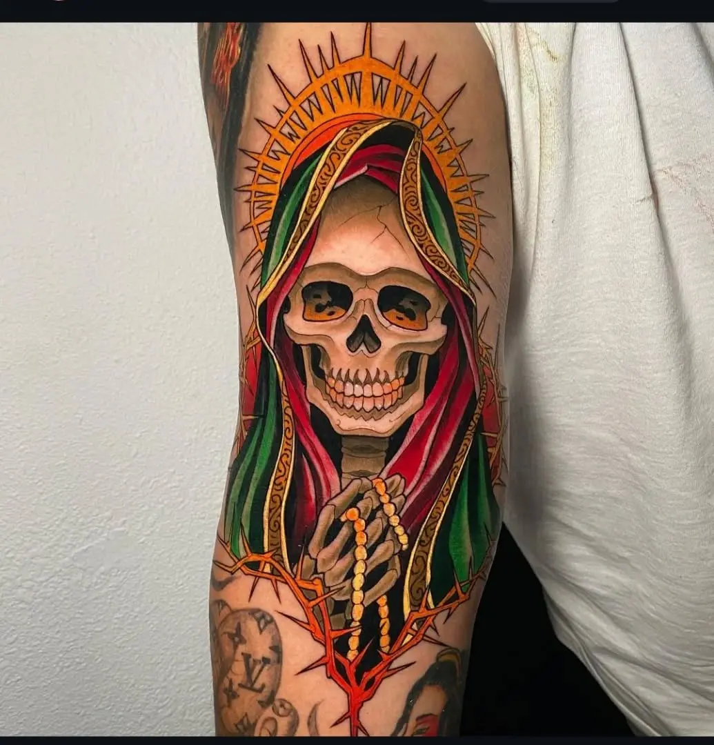Bold Santa Muerte Tattoo with Vibrant Details
