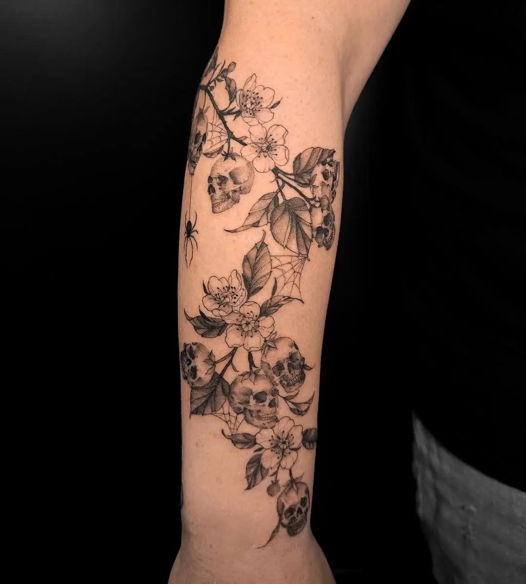 Intricate fusion of skulls and flowers