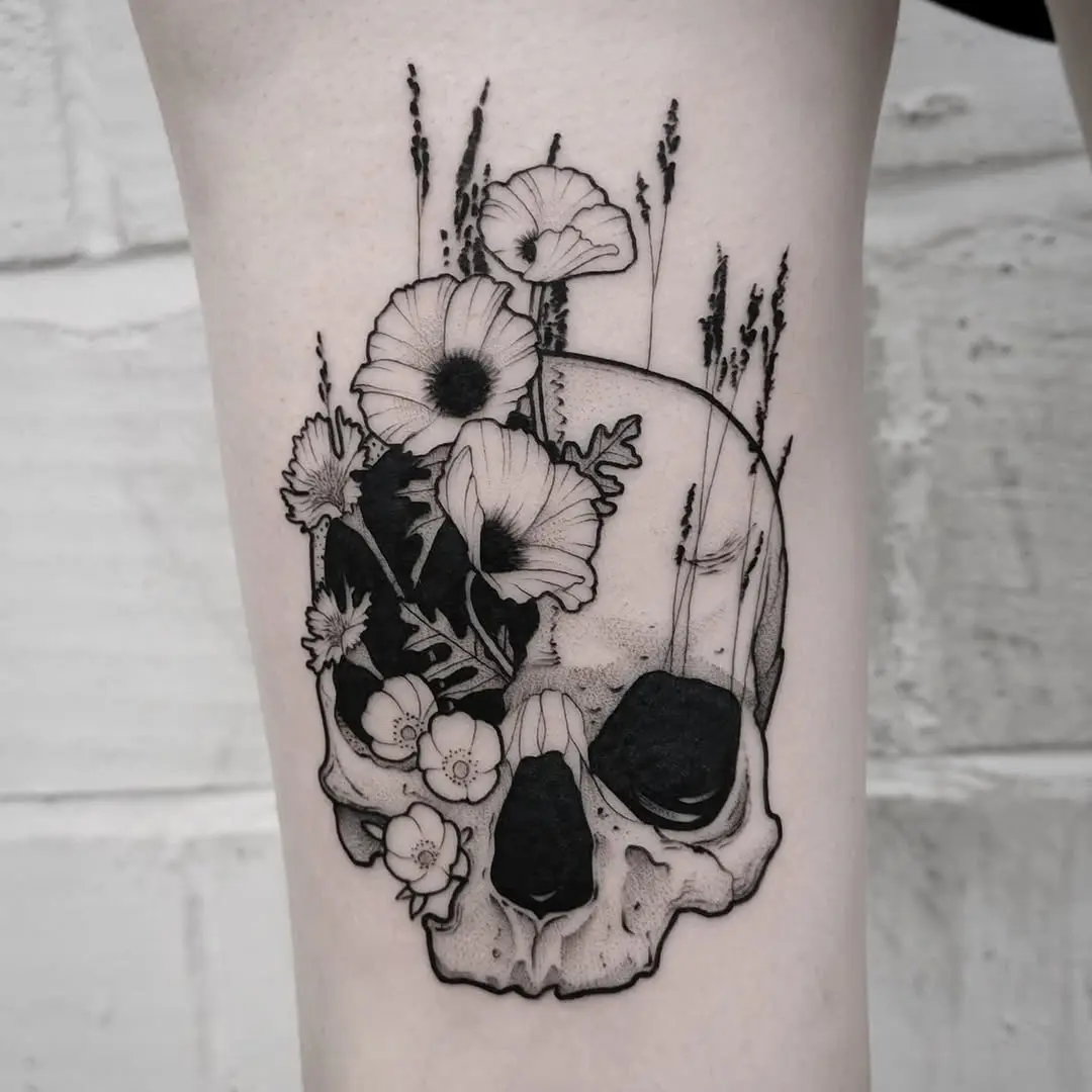 Elegant skull adorned with blooming flowers