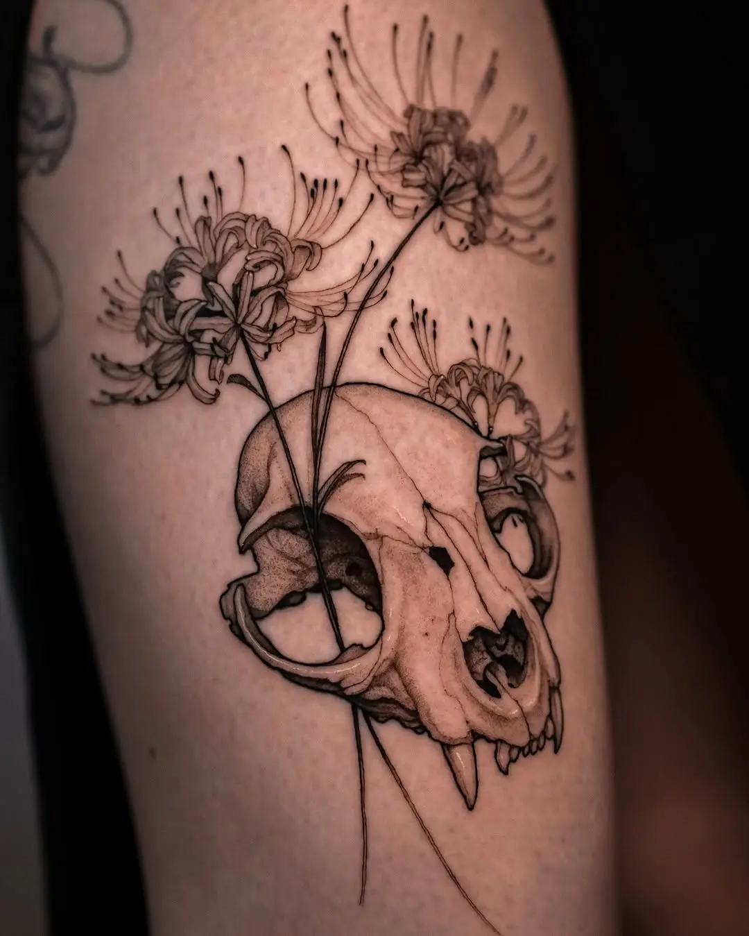 Intricate skull flower tattoo design with bold lines