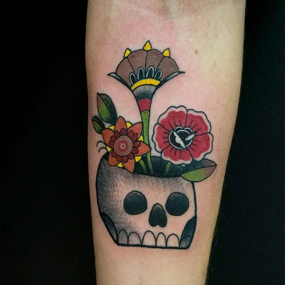 Vibrant Skull Flower Tattoo Design