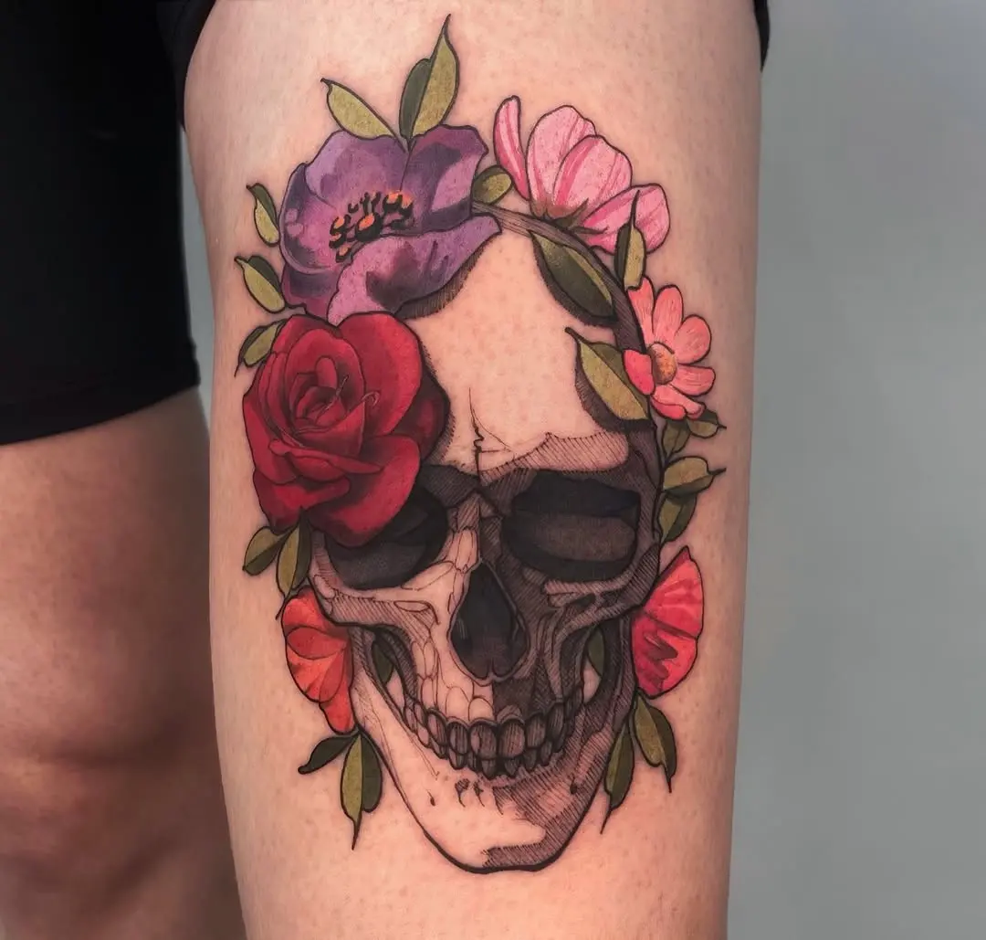 Stunning Skull Tattoo Surrounded by Colorful Flowers
