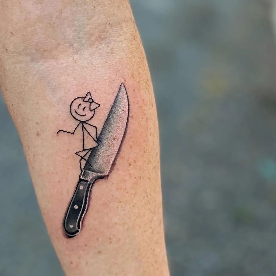 Whimsical stick figure tattoo with a knife
