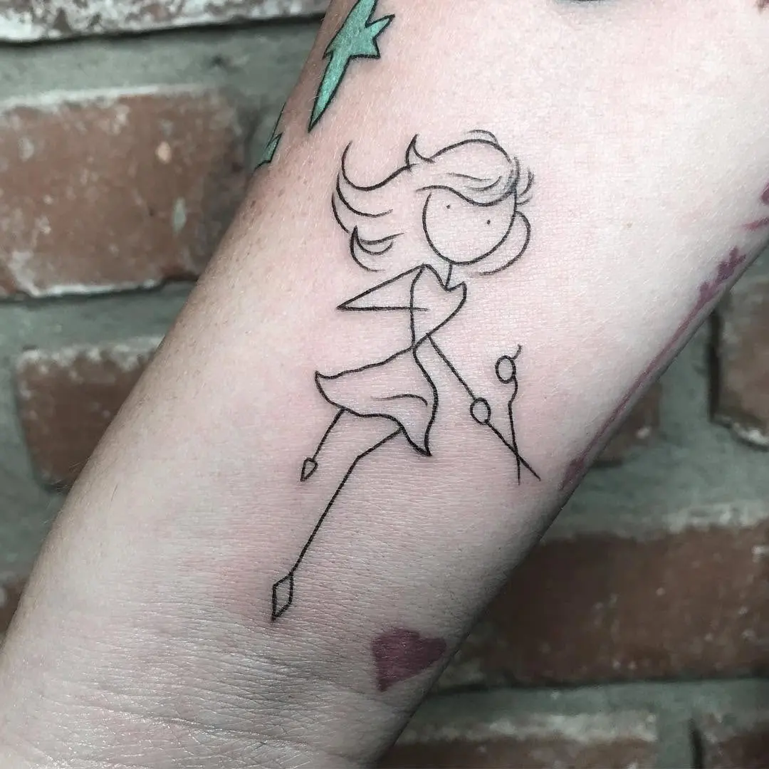 Whimsical stick figure in motion tattoo