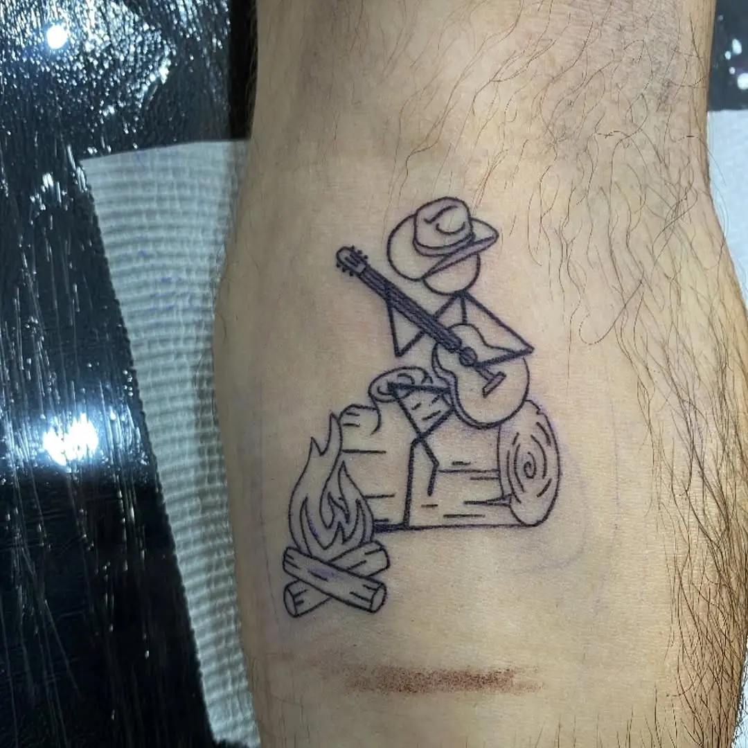 Whimsical Stick Figure Camping Scene Tattoo