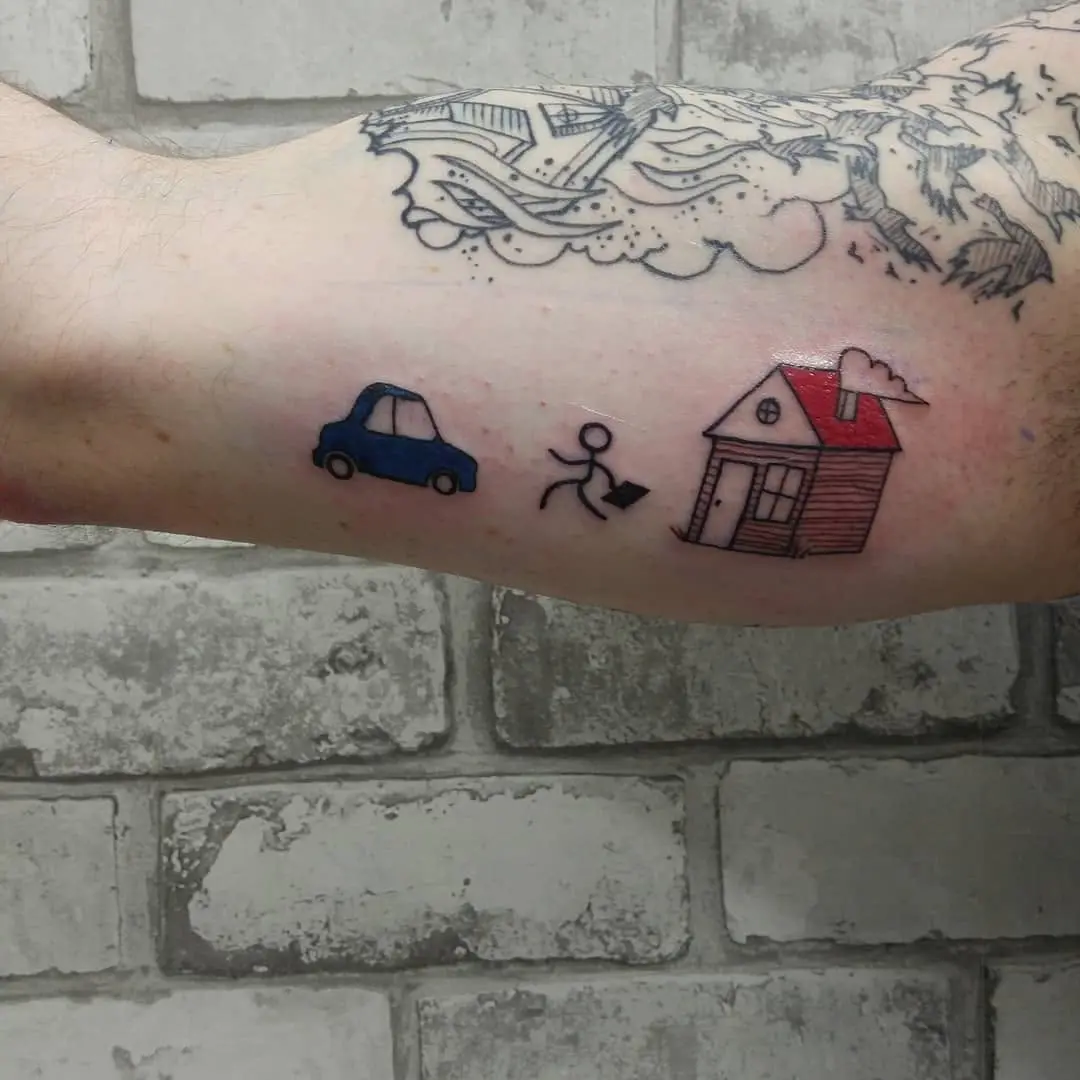 Playful stick figure life journey tattoo design