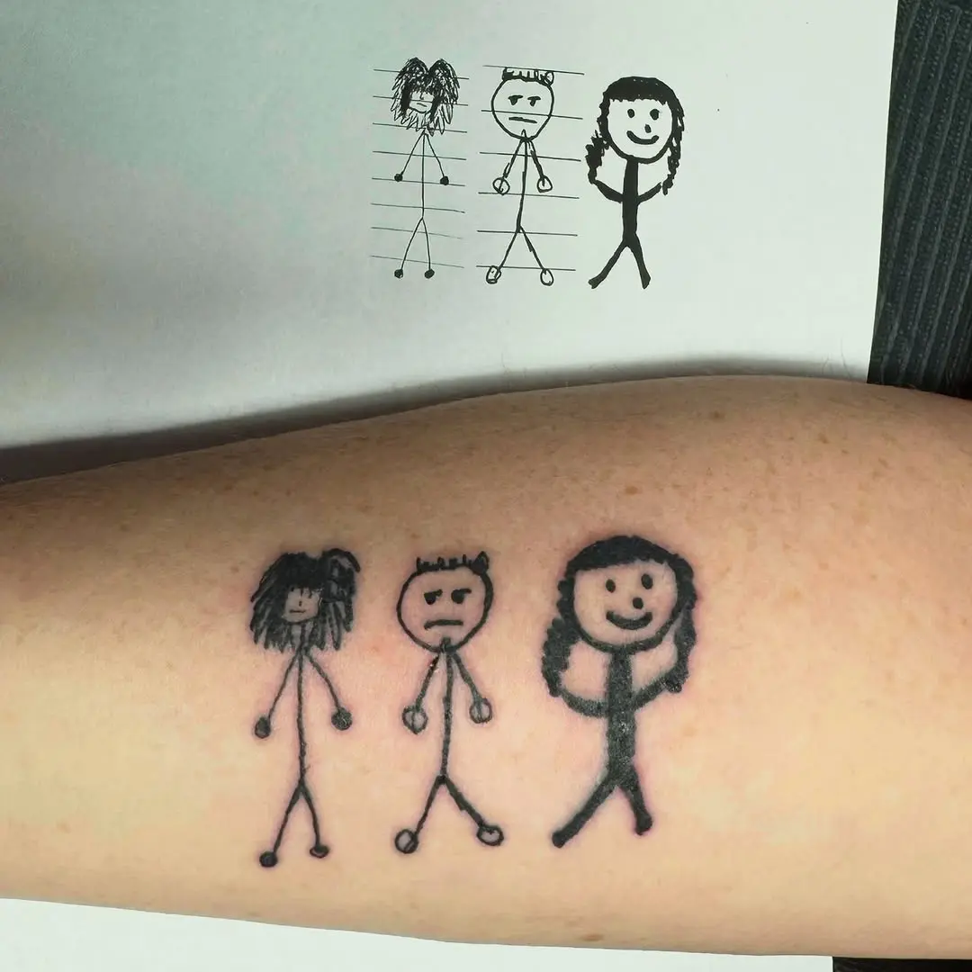 Whimsical stick figure tattoos showcasing personality traits