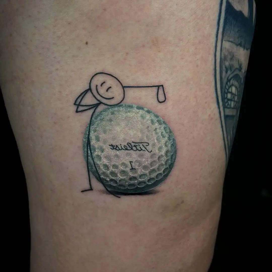 Cheerful stick figure with a golf ball tattoo