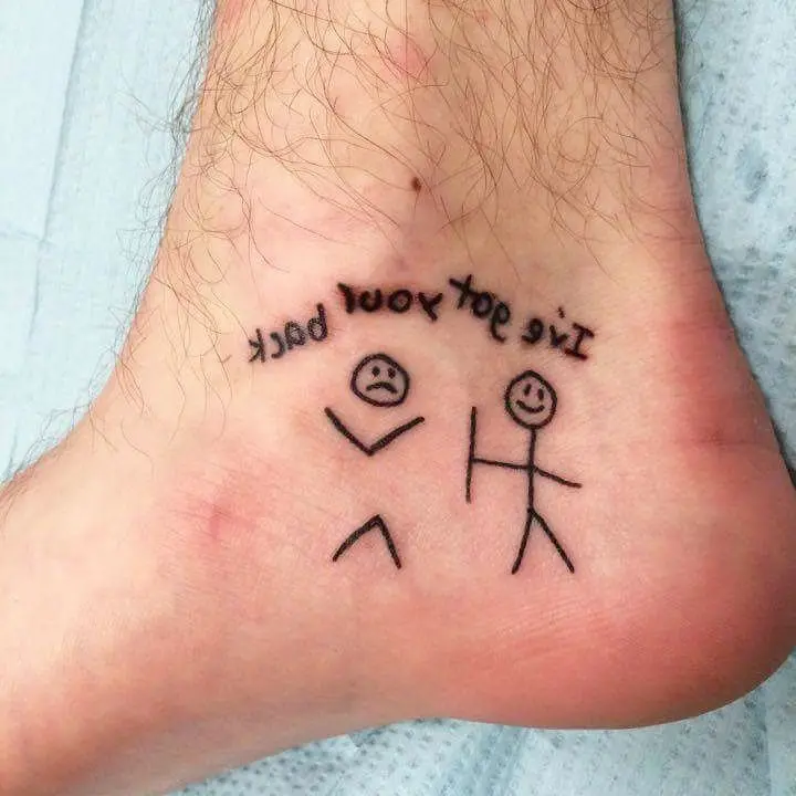 Playful stick figure tattoo with heartfelt messages