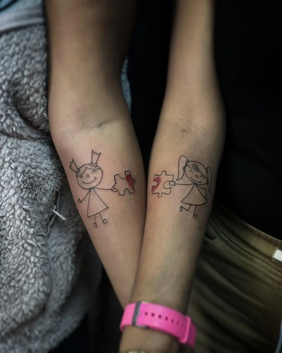 Adorable stick figure tattoos celebrating friendship