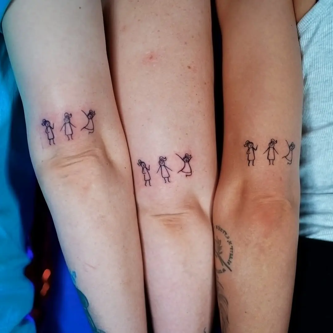 Joyful stick figure tattoos in fun poses
