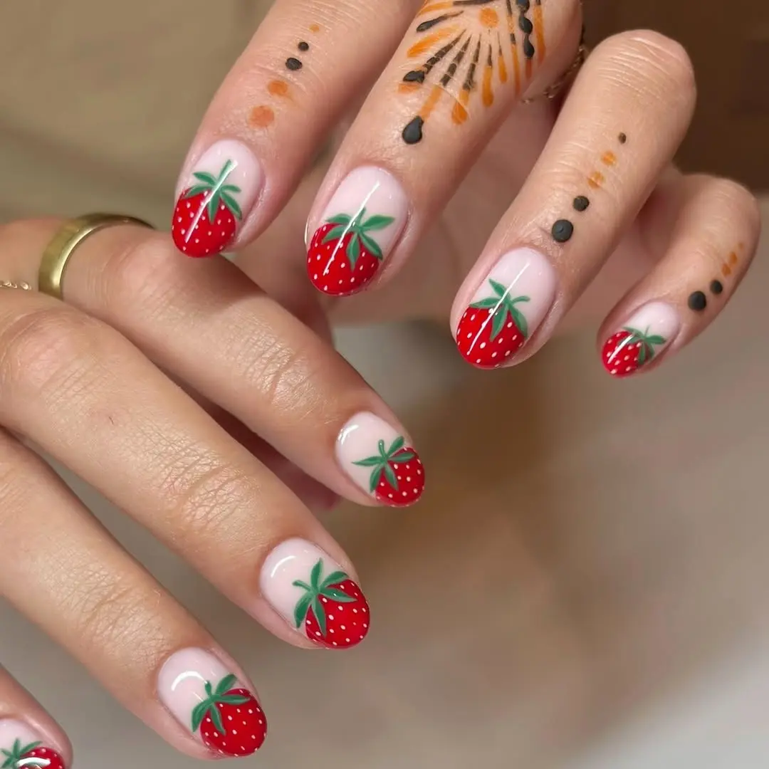 Charming Strawberry-Themed Nail Art Design