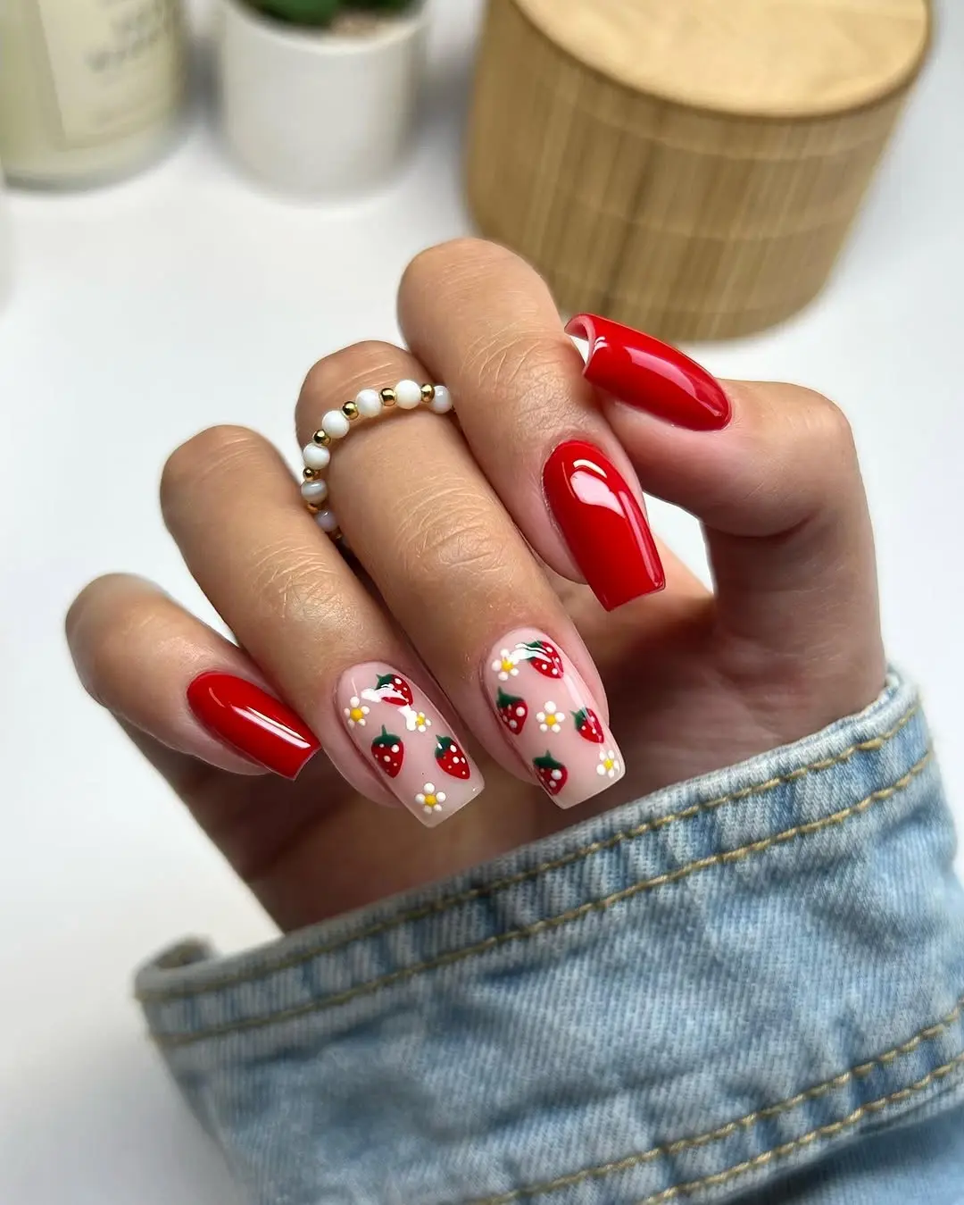Charming Strawberry and Floral Nail Art Design