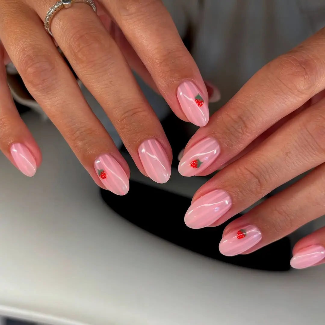 Cute strawberry nails with glossy finish