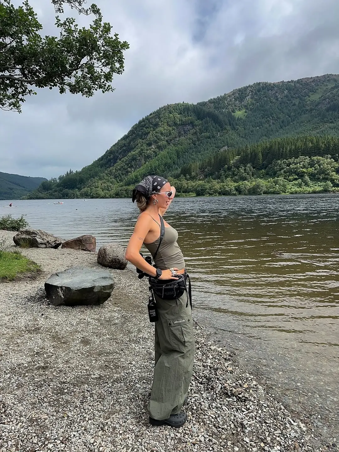 Chic and functional hiking attire by the lake