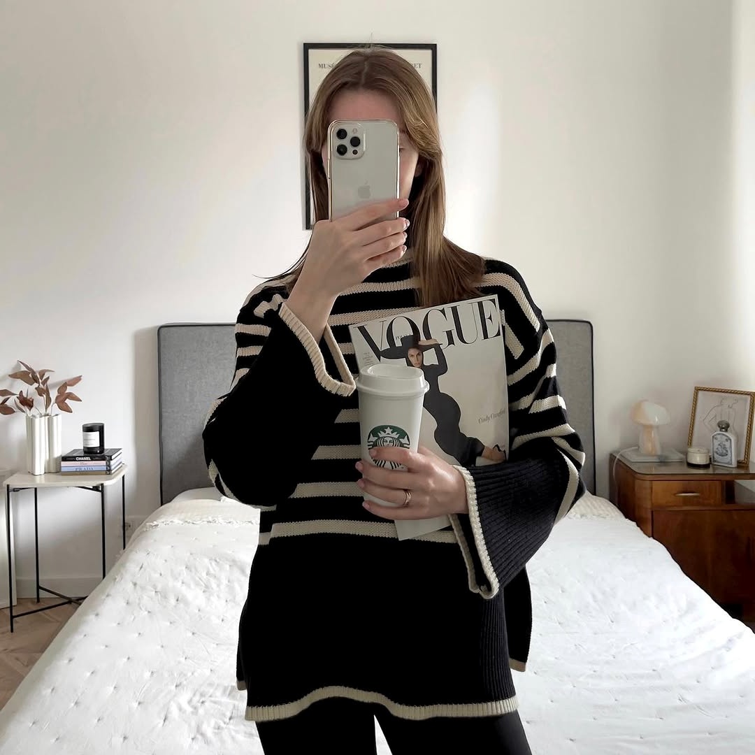 Chic Black and White Striped Sweater Look