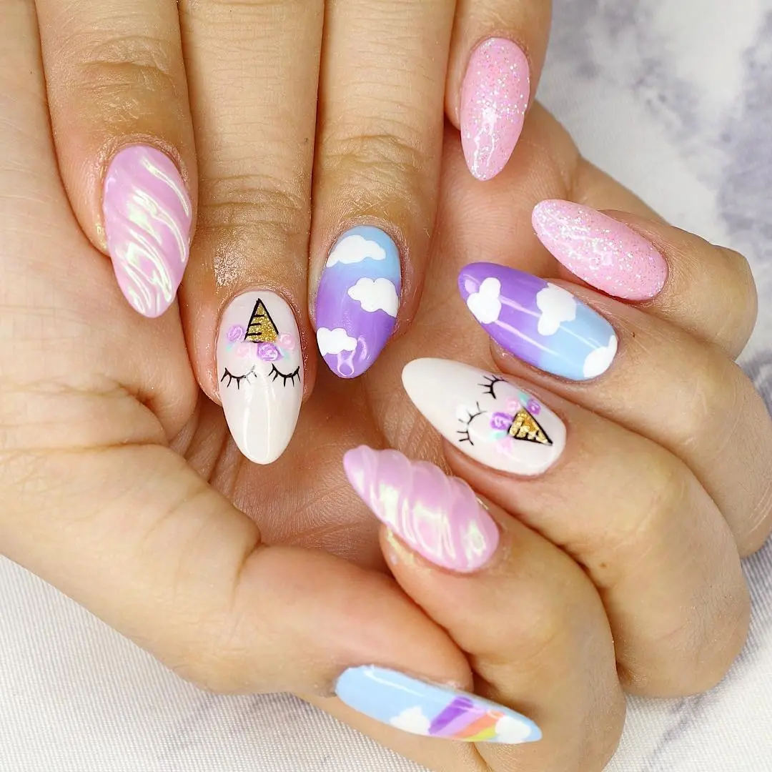 Bright and whimsical unicorn nail art design