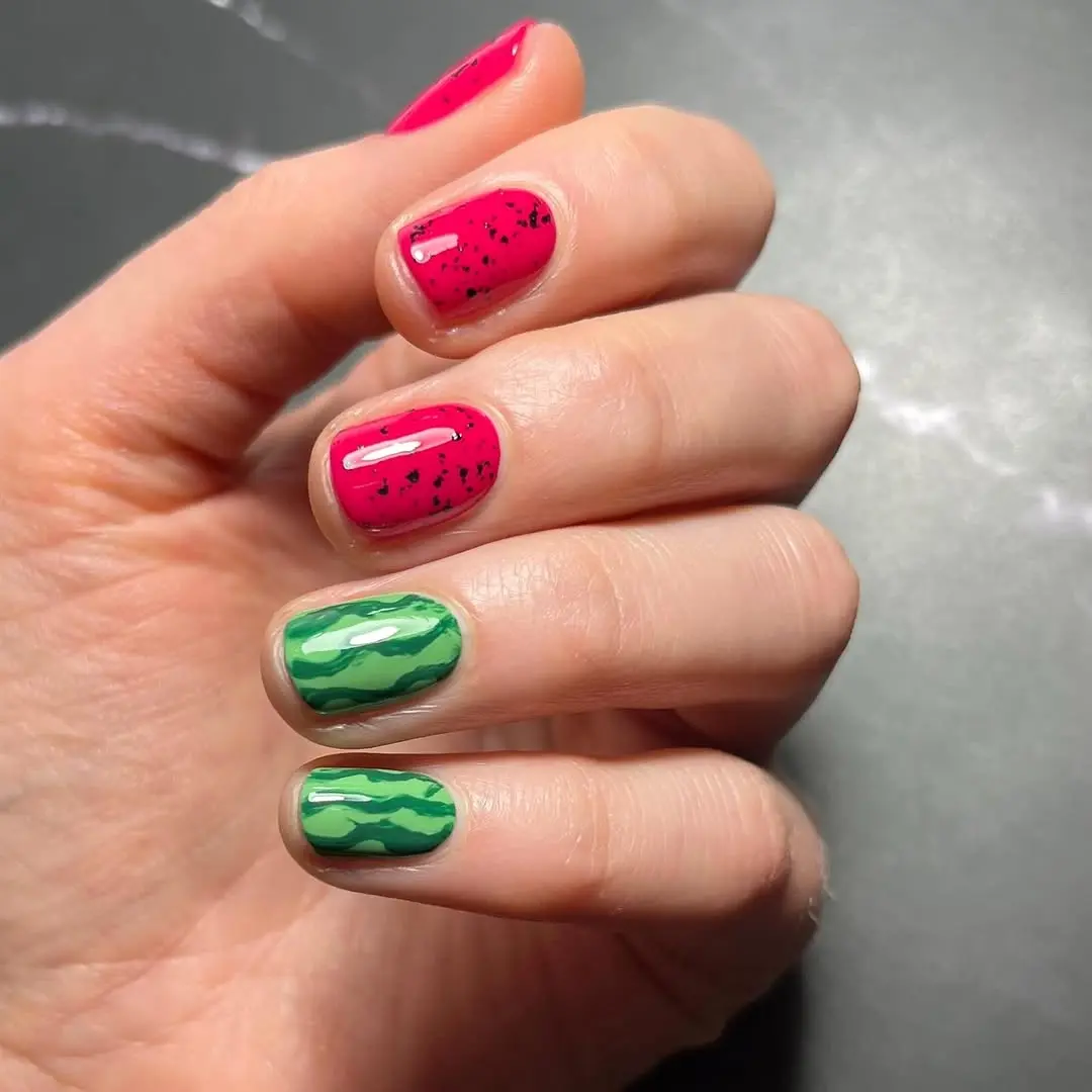 Fresh and playful watermelon-themed nail art