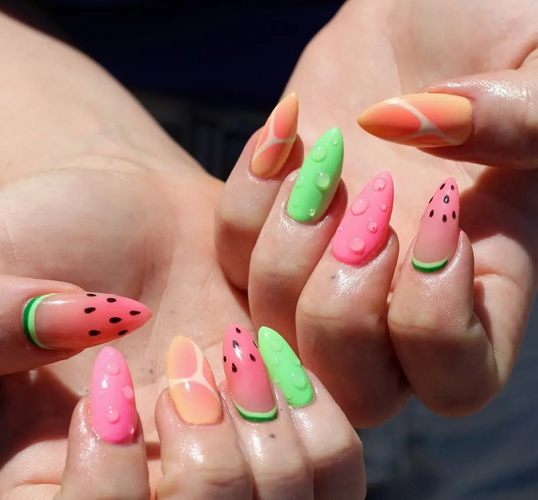 Vibrant watermelon-inspired summer nail art design