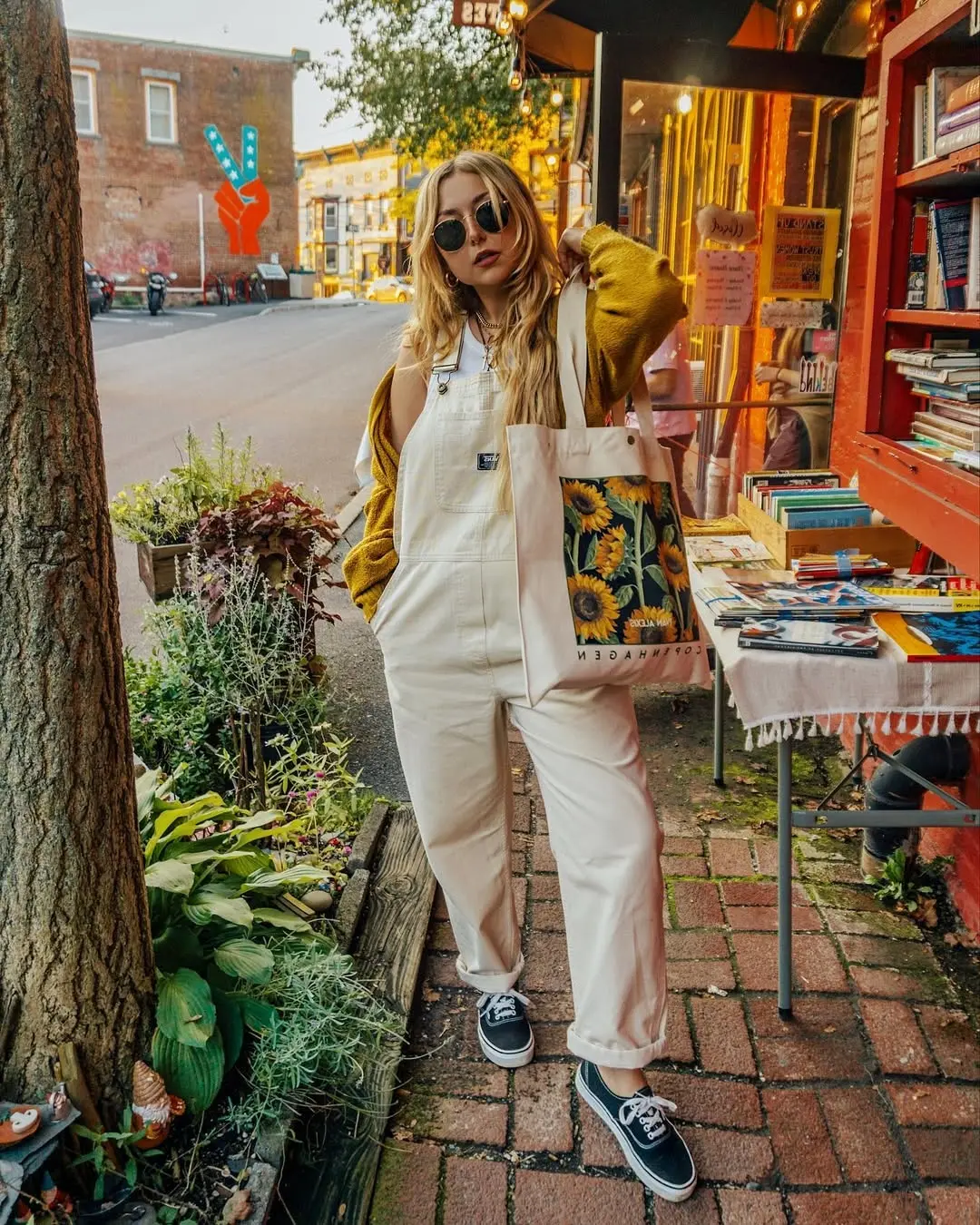 Chic street style with white overalls and accessories