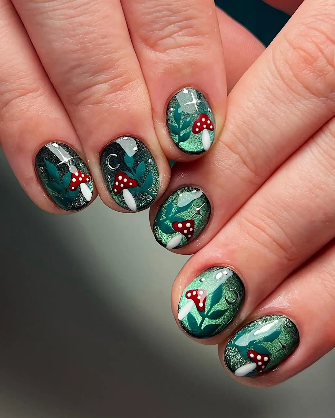 Enchanting Green Nails with Mushrooms and Leaves