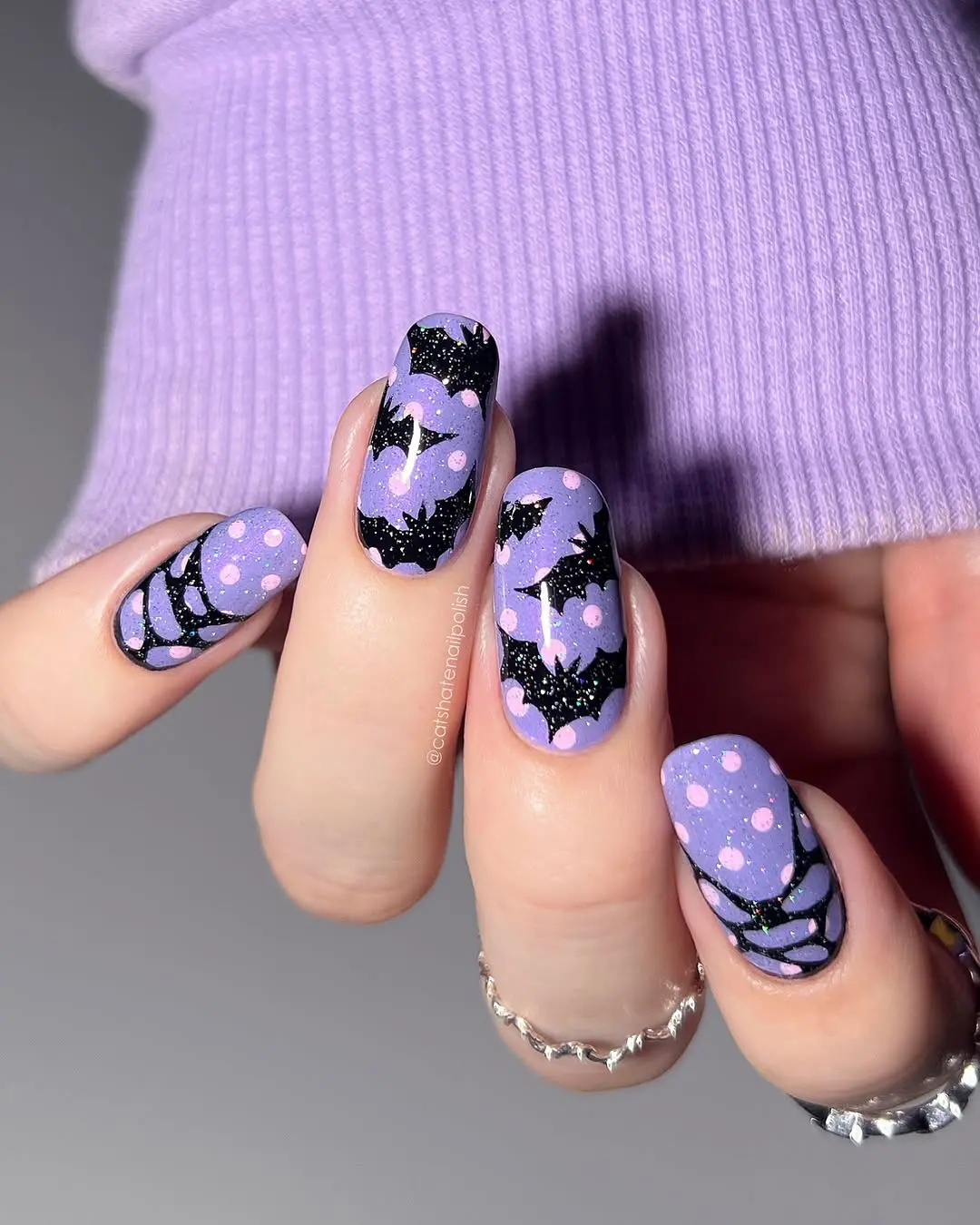 Vibrant Witchy Nails with Bats and Glitter