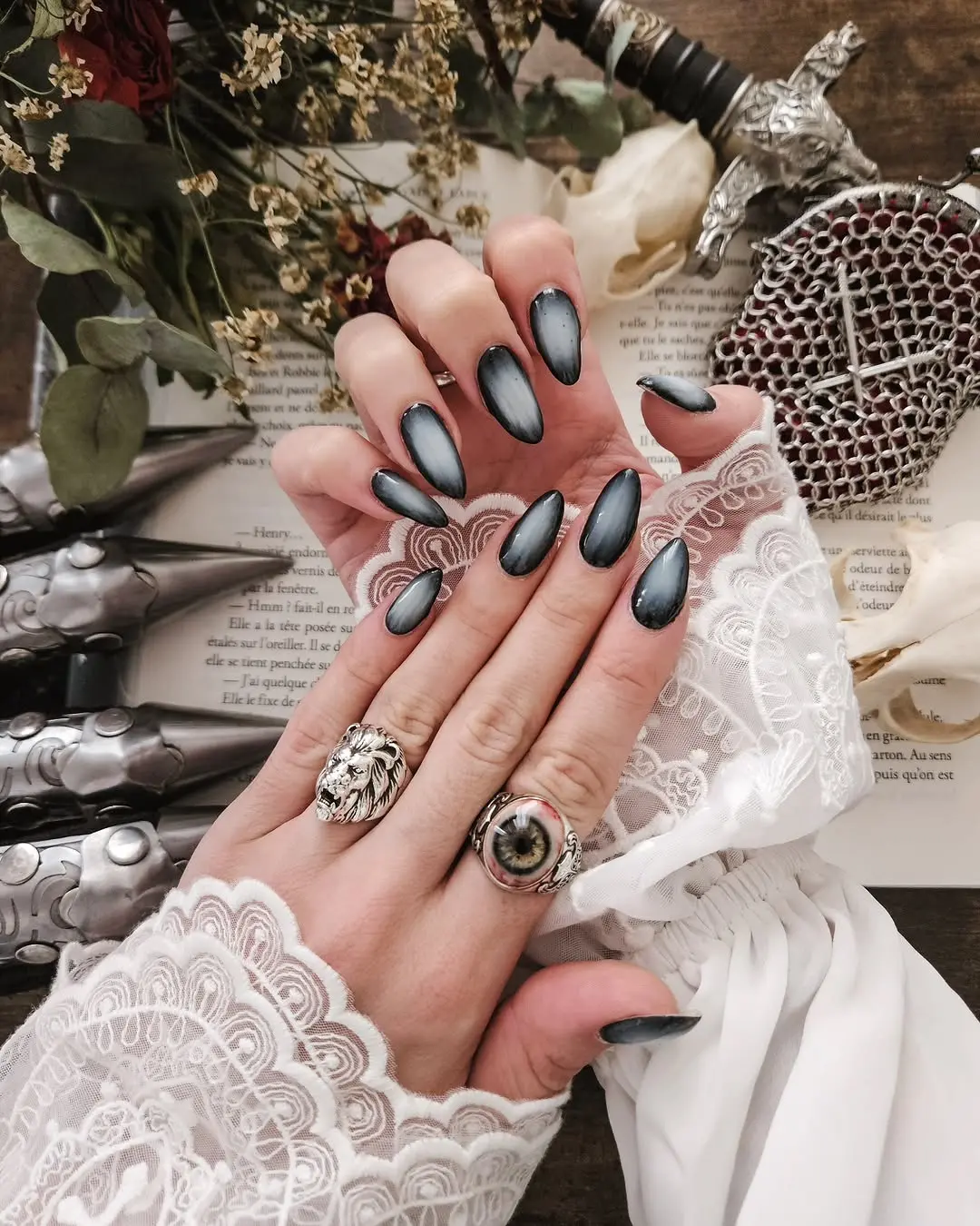 Dark glam nails with lace accents