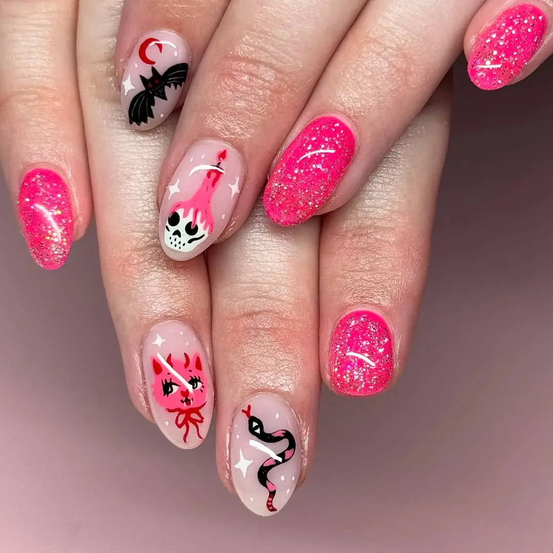 Playful Pink Glitter Witchy Nail Art