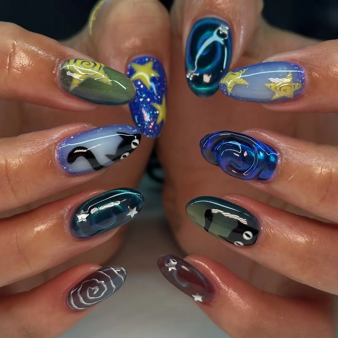 Colorful and whimsical witchy nail art