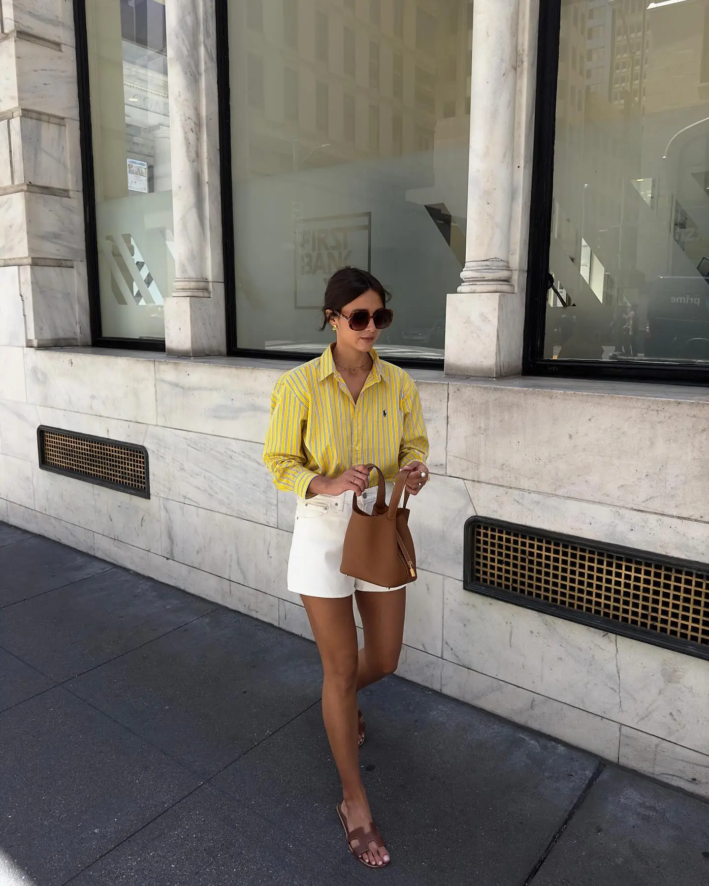Chic Yellow Striped Shirt and White Shorts Ensemble