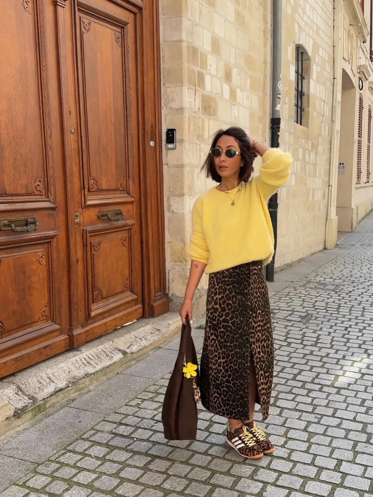 Chic Yellow Sweater with Leopard Print Skirt