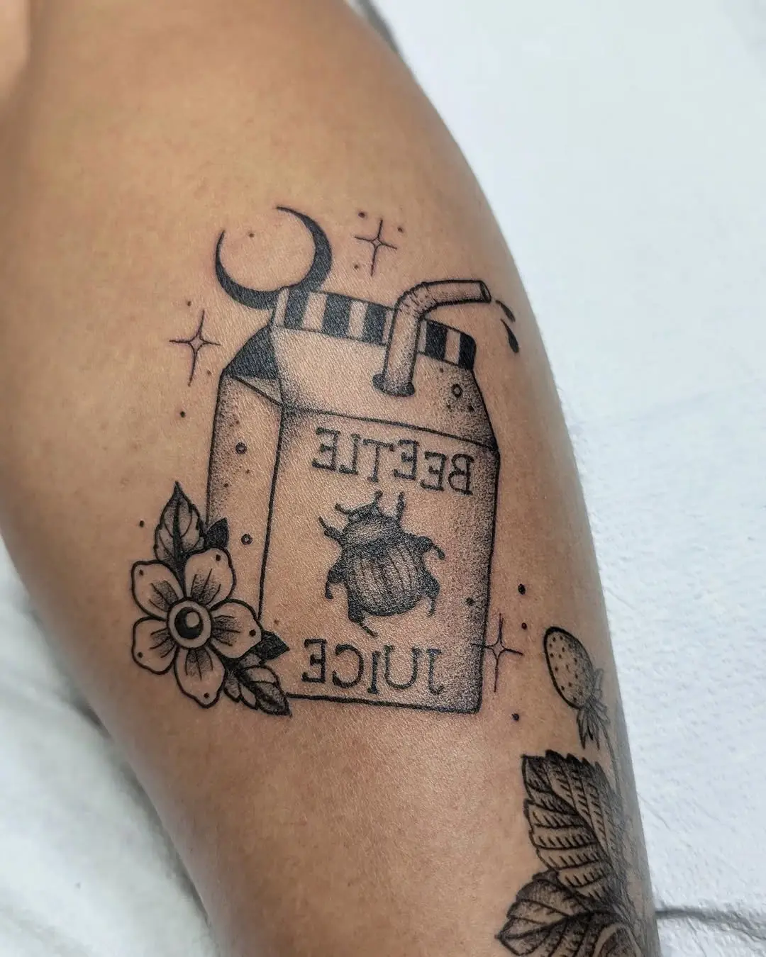 Quirky Beetlejuice Milk Carton Tattoo Design