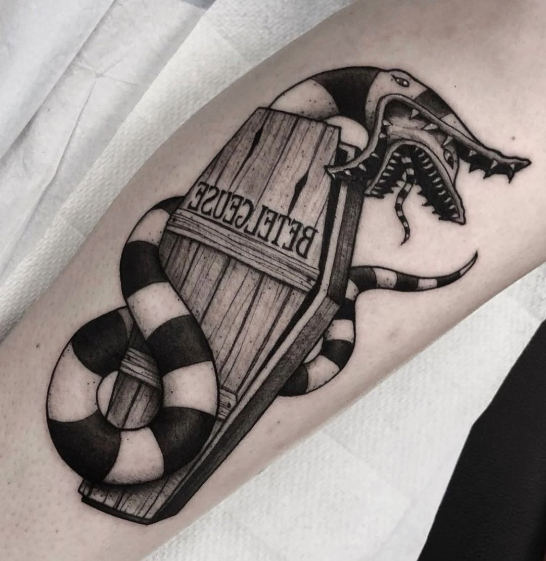 Unique Beetlejuice Coffin and Snake Tattoo Design