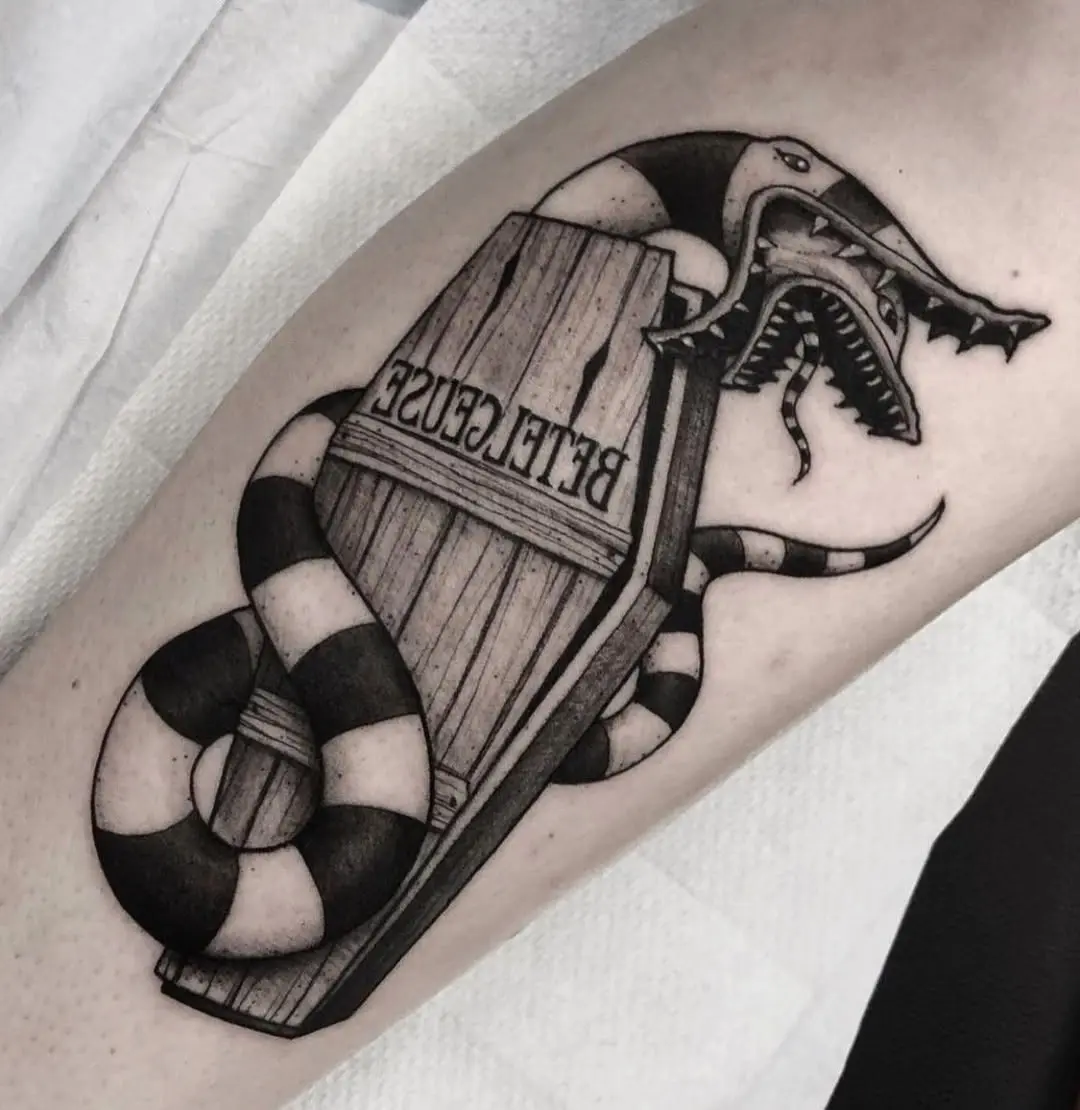 Unique Beetlejuice Coffin and Snake Tattoo Design