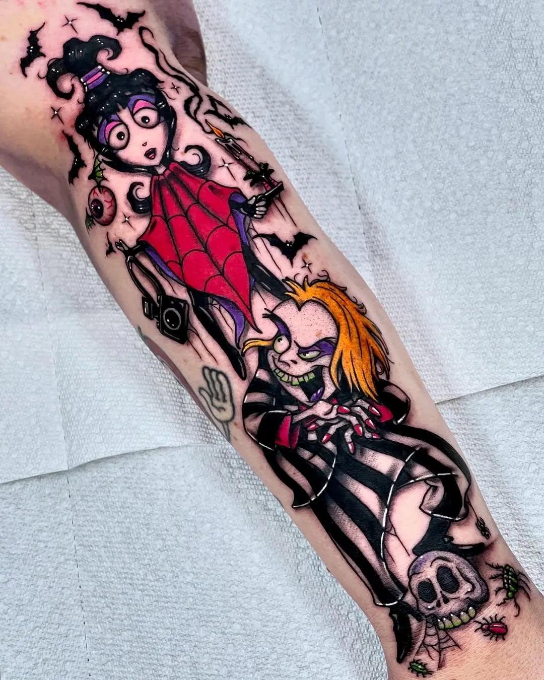 Colorful Beetlejuice Tattoo with Iconic Characters