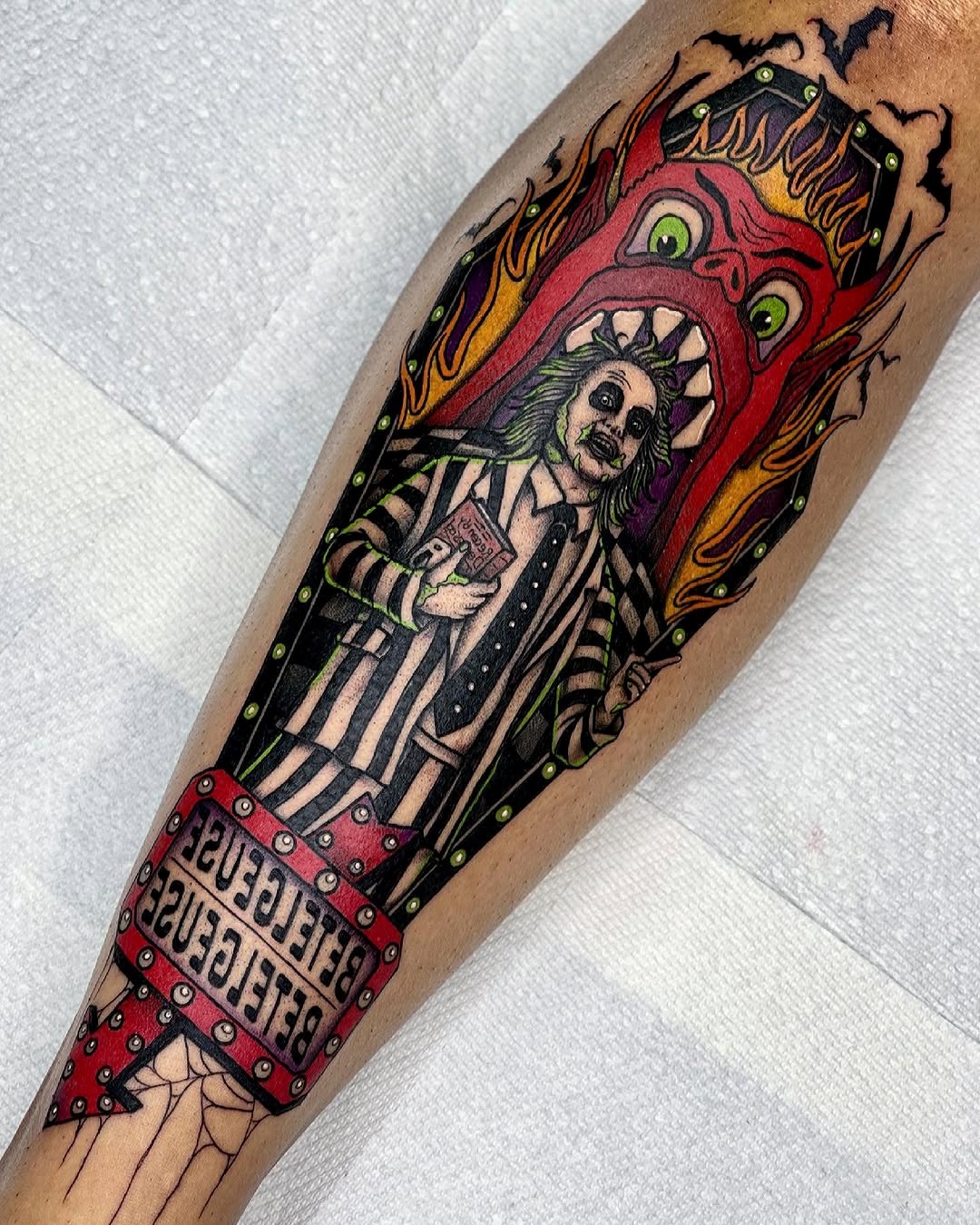 Vibrant Beetlejuice Tattoo with Gothic Flair