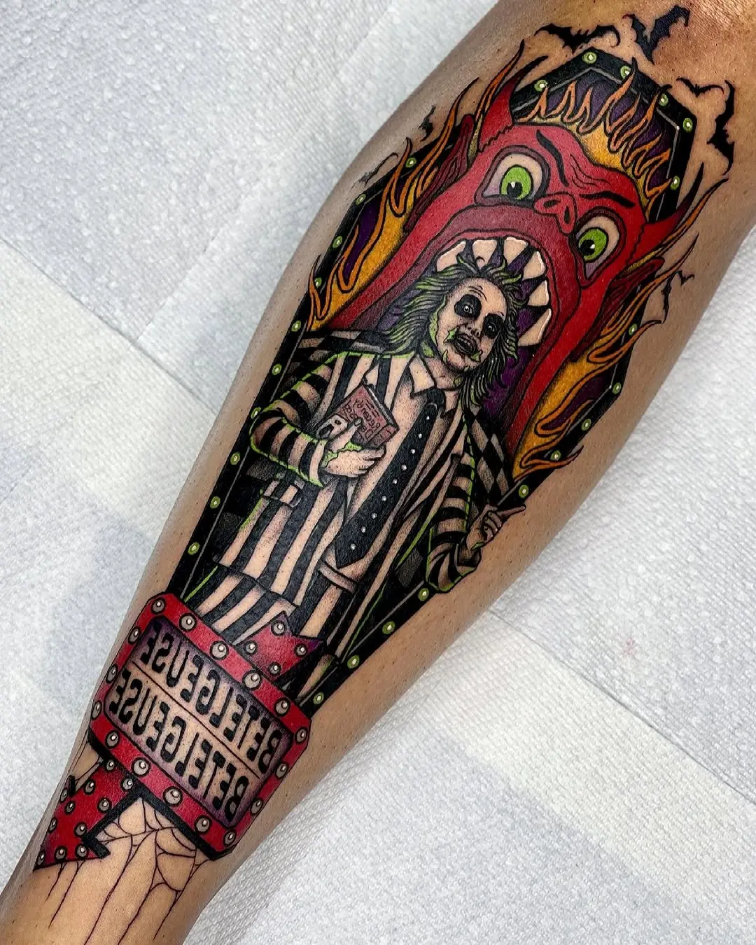 Vibrant Beetlejuice Tattoo with Gothic Flair