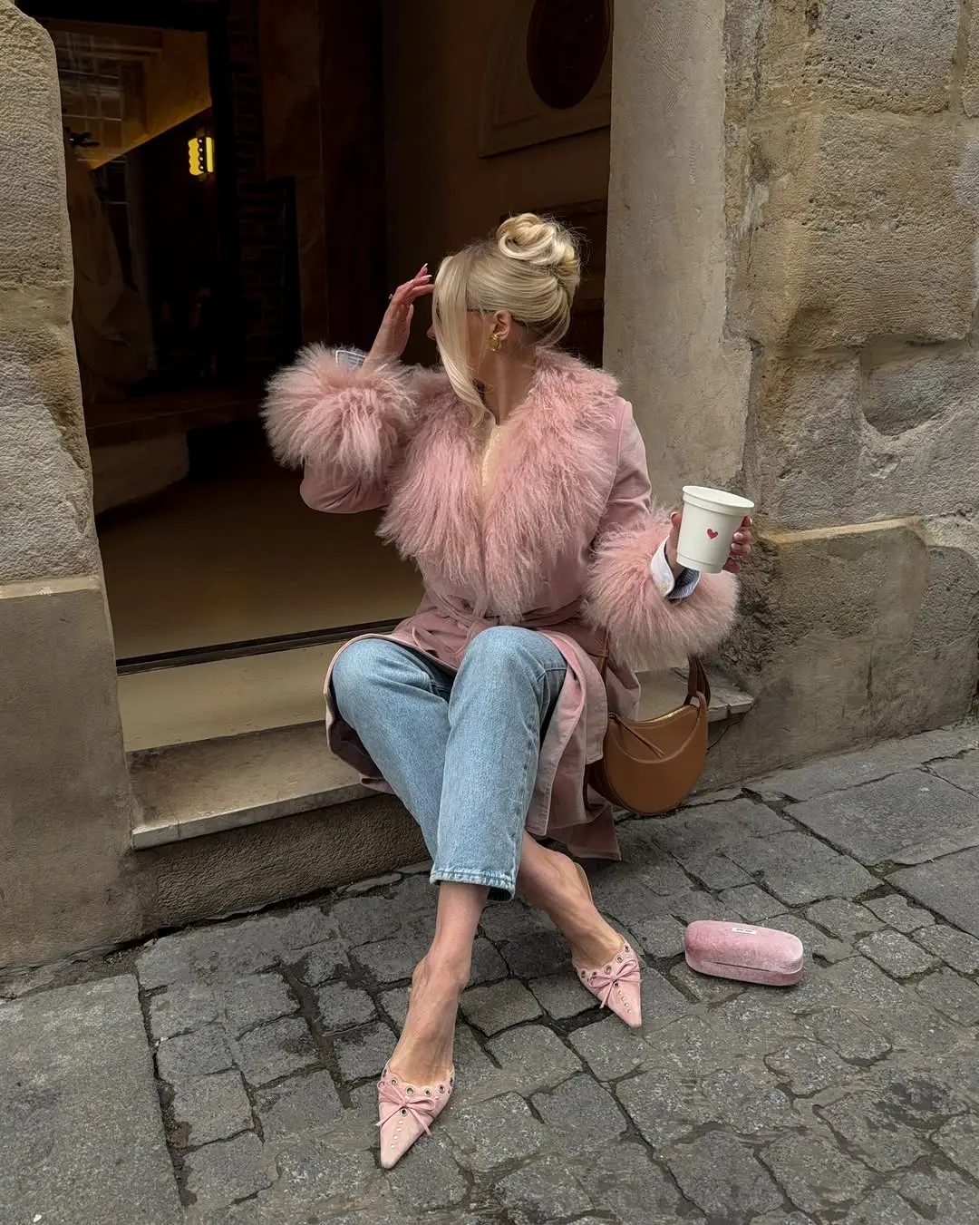 Chic Pink Fur Coat for a Stylish Brunch