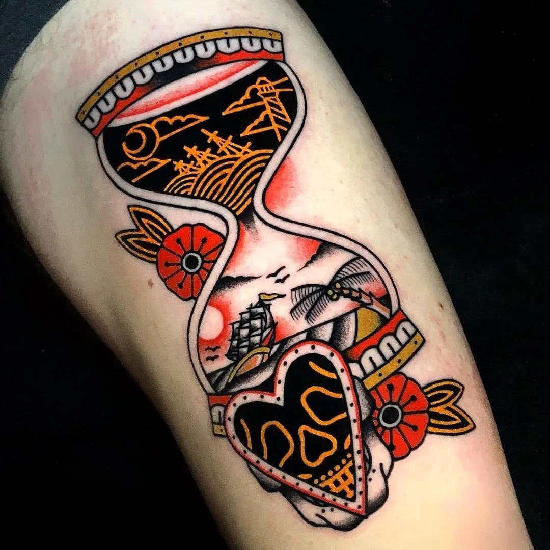 Stunning hourglass tattoo with detailed scenery